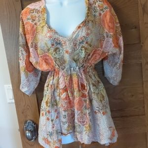 Johnny Was Peach and Green Silk Tunic